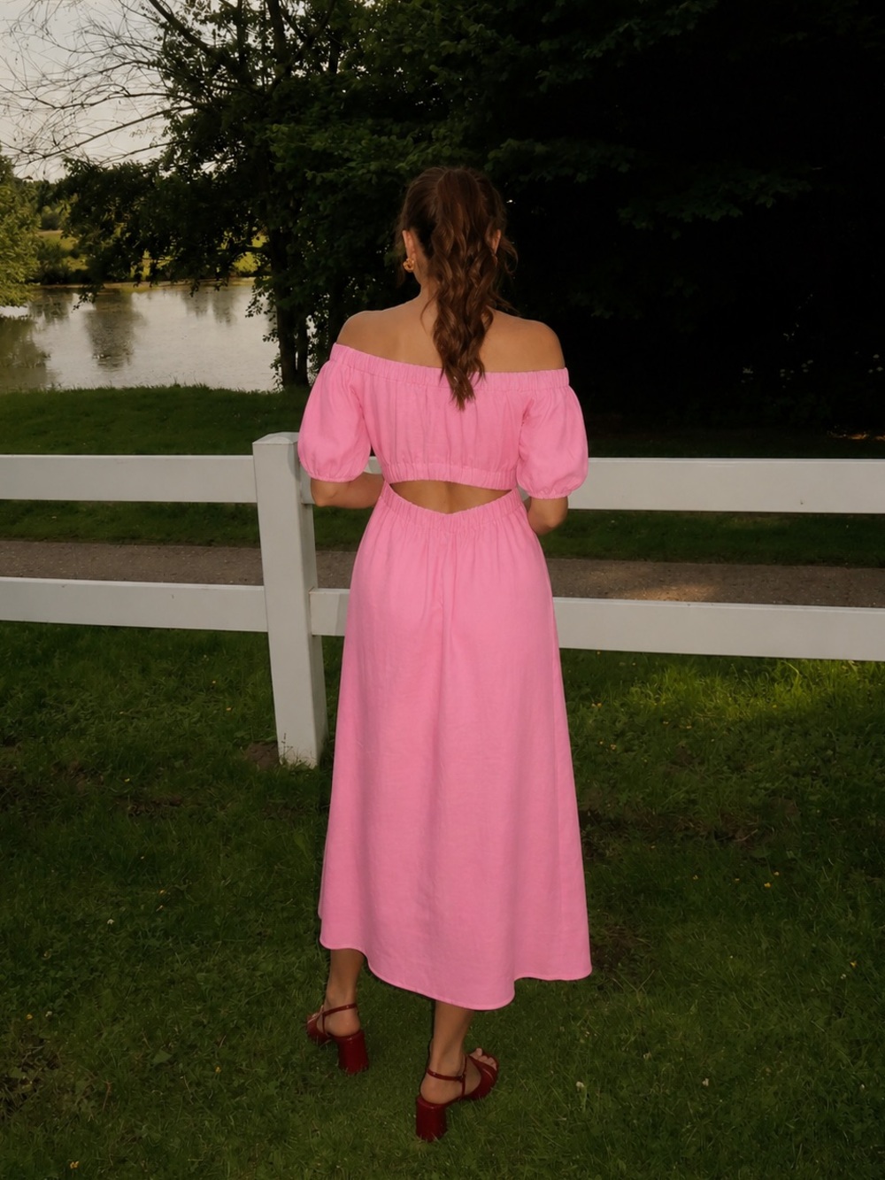 Ever New Milan 100% Linen Bright Pink Bardot Midi Dress | Off-Shoulder Open Back - Picture 3 of 13